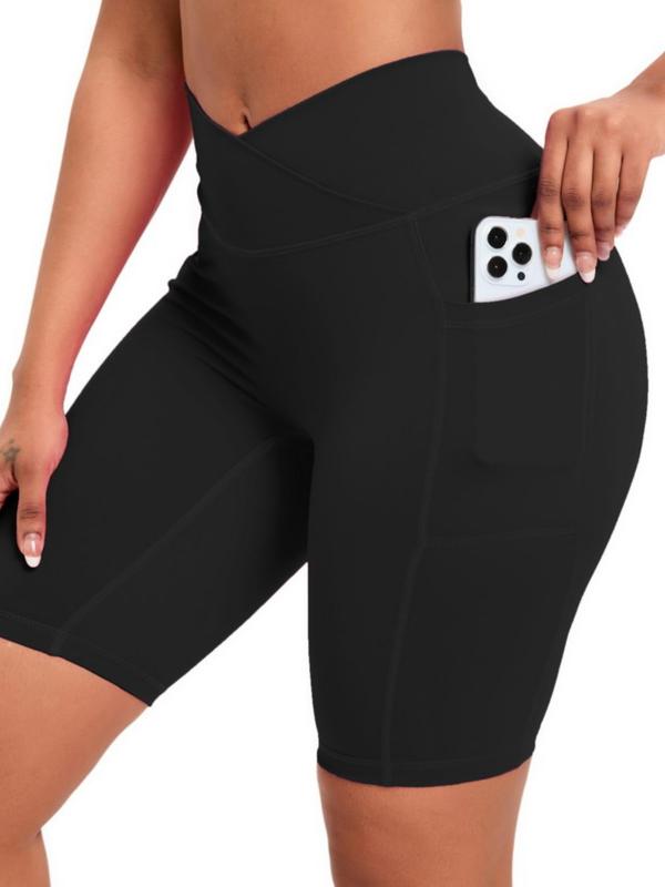 Women's Basic Plain Wrap Hem High Waist Pocket Sports Shorts, Casual Sporty Breathable Comfortable Skinny Shorts for Yoga Gym Workout Running, Gym Shorts, Ladies Sportswear for All Seasons, Women Sport & Outdoor Clothing, Gym Clothing