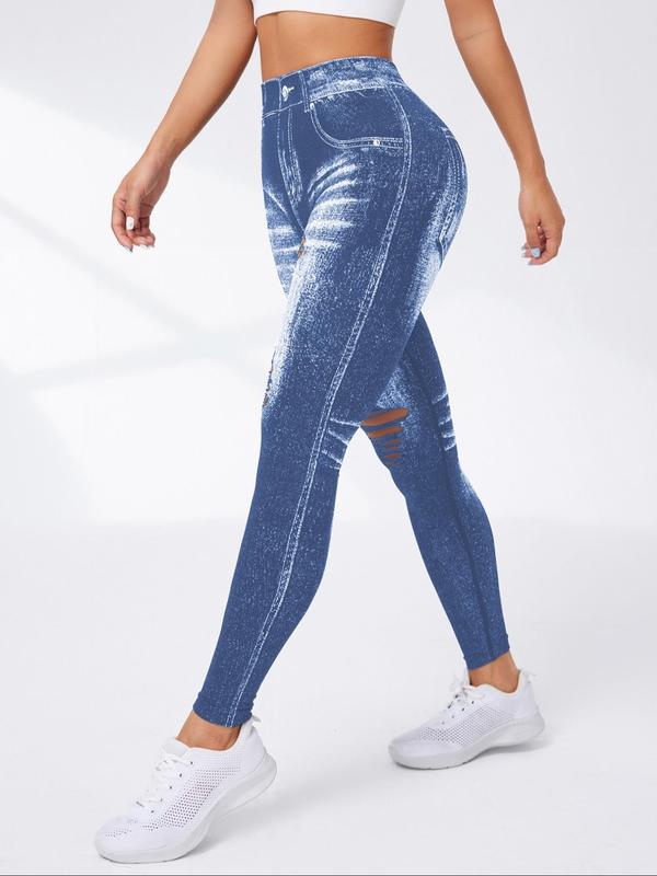 Women's Denim-effect Print High Waist Sports Leggings, Casual Comfy Cut Out Skinny Pants for Yoga Gym Workout Running, Ladies Sportswear Bottoms for All Seasons, Tummy Control