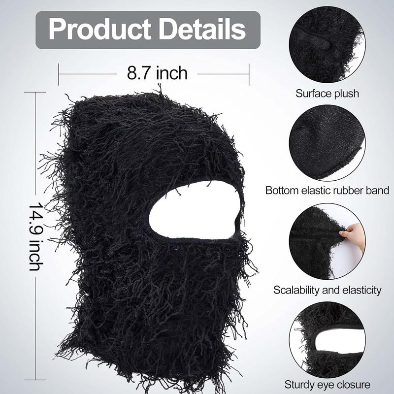 Distressed Balaclava Ski Mask, Knitted Full Face Mask, Neck Gaiter & Beanie, Black, One Size Fits All