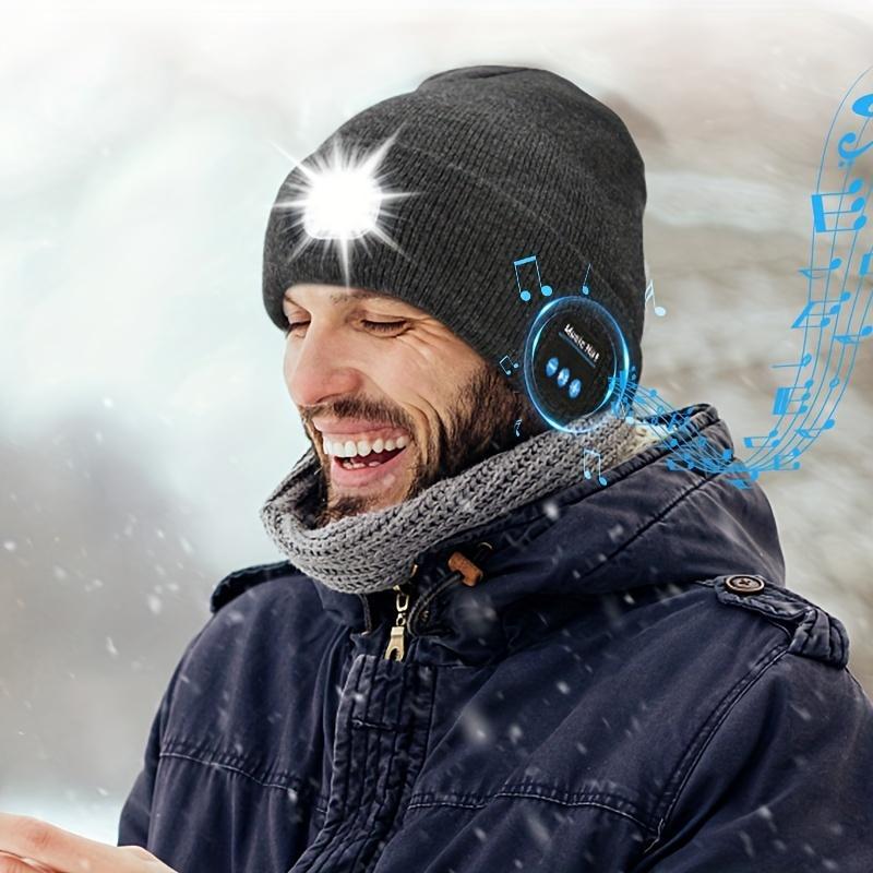 Wireless Headphones Beanie Hat, 1 Count USB Rechargeable LED Headlamp Beanie Hat with Built-In Mic, Elastic Fit Lightweight Music Cap for Men & Women