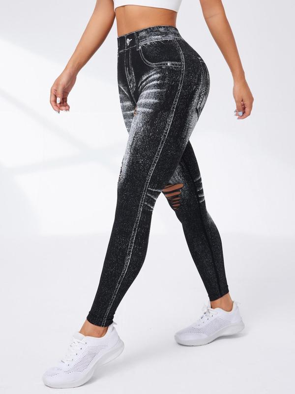 Women's Denim-effect Print High Waist Sports Leggings, Casual Comfy Cut Out Skinny Pants for Yoga Gym Workout Running, Ladies Sportswear Bottoms for All Seasons, Tummy Control