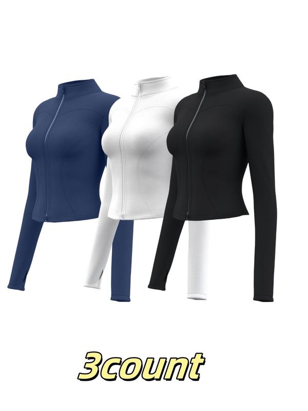 Women's Solid Thumb Hole Zip Up Sports Jacket, Long Sleeve Stand Collar Zip Front Outerwear for Gym Workout Running, Ladies Sportswear for All Seasons