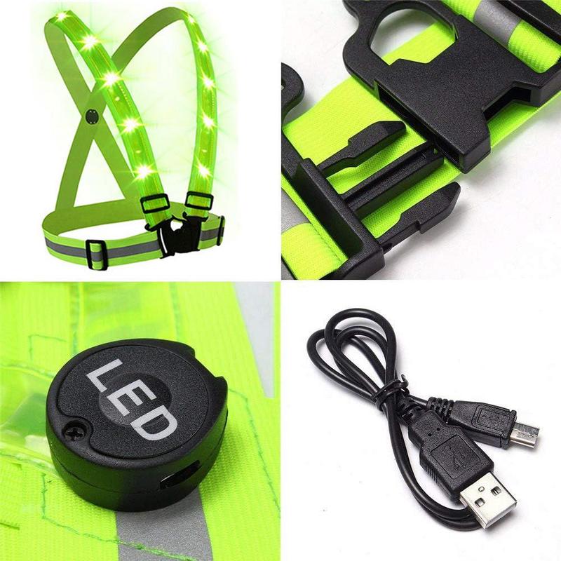 LED Reflective Vest, USB Rechargeable Reflective Running Vest, High Visibility Running Vest with Reflective Strip, Safety Light and Adjustable Size Elastic Band, Suitable for Outdoor Cycling and Running