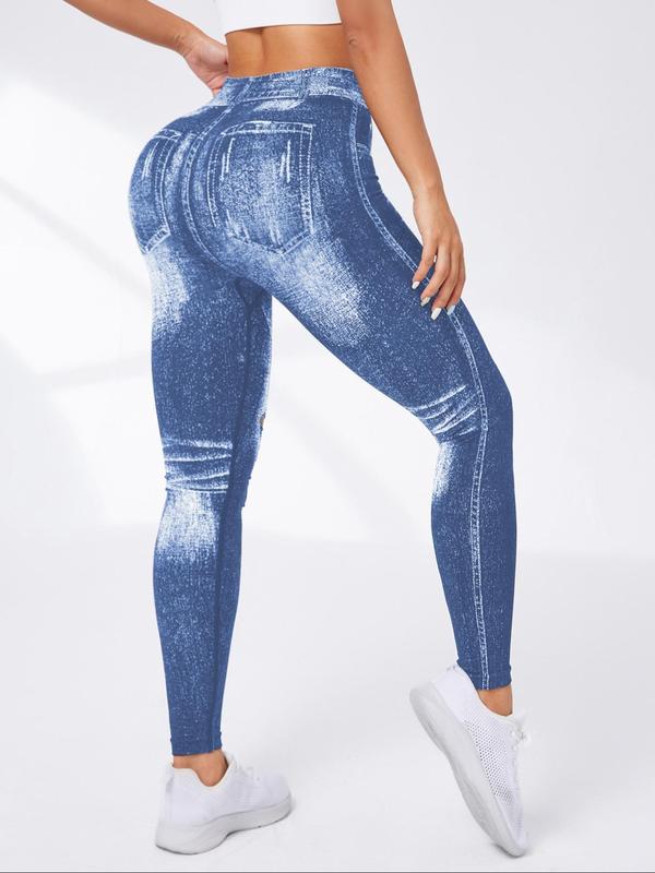 Women's Denim-effect Print High Waist Sports Leggings, Casual Comfy Cut Out Skinny Pants for Yoga Gym Workout Running, Ladies Sportswear Bottoms for All Seasons, Tummy Control