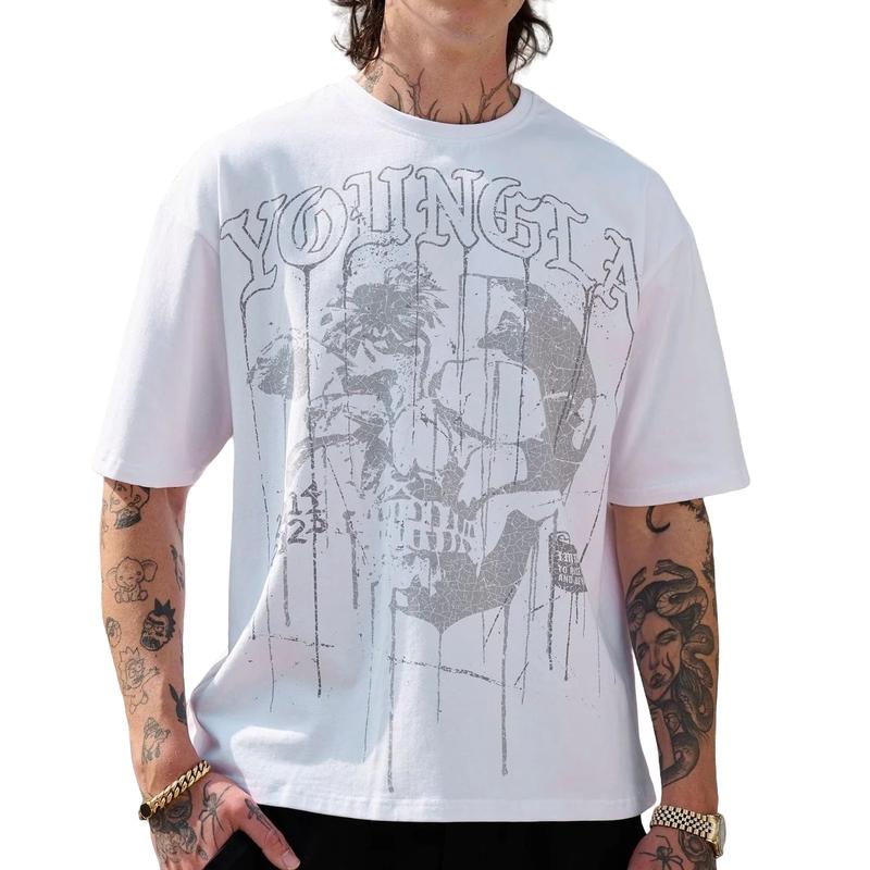 YOUNGLA Men's Cotton T-Shirt with Skull Pattern for Running and Fitness - Menswear, Fabric