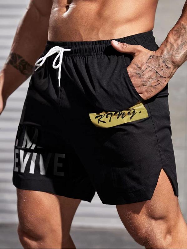 Sporty Men's Letter Print Drawstring Pocket Split Sports Gym Shorts, Loose Casual Elastic Waist Shorts for Running Gym Workout, Men Sport & Outdoor Clothing