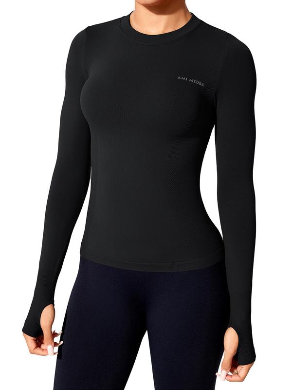 Women's Letter Print Thumb Hole Design Baselayer Top, Long Sleeve Round Neck T-shirt for Skiing Gym Workout, Ladies Sportswear for All Seasons