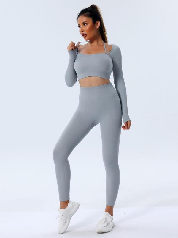 Two-Piece Set Women's Plain Ribbed Tracksuit Set, Sport Halter Neck Crop Top & Leggings, Women's Sportswear for Spring & Fall