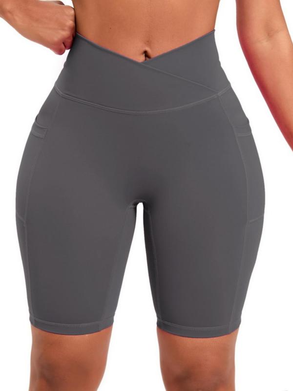 Women's Basic Plain Wrap Hem High Waist Pocket Sports Shorts, Casual Sporty Breathable Comfortable Skinny Shorts for Yoga Gym Workout Running, Gym Shorts, Ladies Sportswear for All Seasons, Women Sport & Outdoor Clothing, Gym Clothing