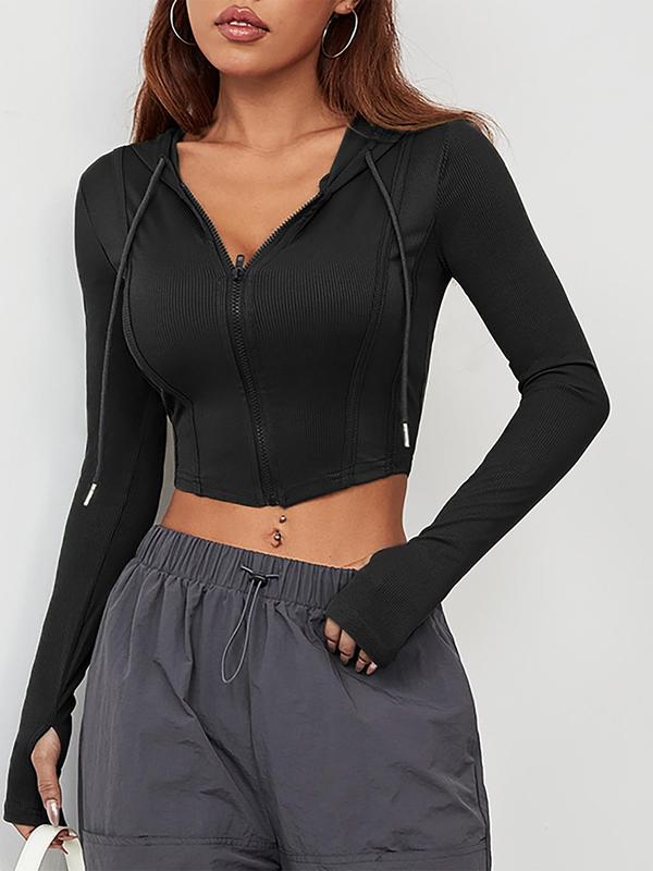 Women's Solid Zip Up Ribbed Crop Hoodie, Sporty Long Sleeve Drawstring Hooded Top for Summer, Gym Clothing, Ladies Sportswear for Indoor Outdoor Wear