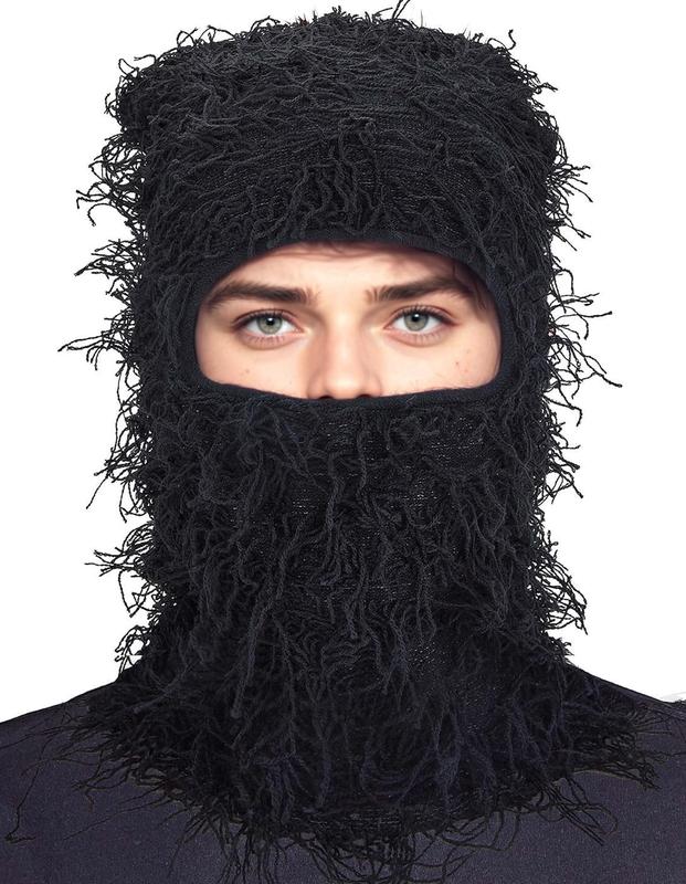 Distressed Balaclava Ski Mask, Knitted Full Face Mask, Neck Gaiter & Beanie, Black, One Size Fits All