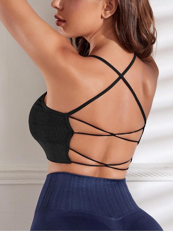 Women's 4pcs Solid Criss Cross Backless Sports Bra, Fall Outfits, Breathable Comfortable Wireless Sports Bra for Fall, Ladies Fall Sportswear for Indoor Outdoor Wear