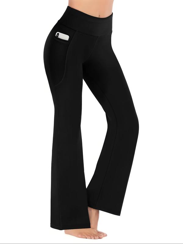 Women's Solid High Waist Warm Pocket Flare Leg Sports Leggings, Casual Comfy Bell Bottom Trousers for Yoga Gym Workout Running, Ladies Sportswear for All Seasons