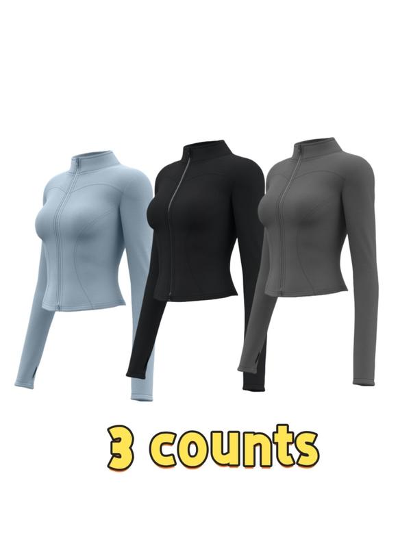 Women's Solid Thumb Hole Zip Up Sports Jacket, Long Sleeve Stand Collar Zip Front Outerwear for Gym Workout Running, Ladies Sportswear for All Seasons