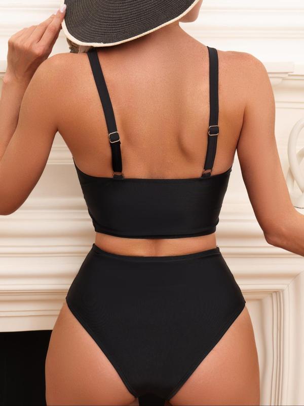 Women's Solid Criss Cross Ruched Tankini Sets, Summer Clothes Women, Solid Adjustable Strap Swim Top & High Waist Swim Bottom Tankini Swimsuits Sets for Summer, Ladies Summer Beach Pool Bathing Suits, Tummy Control Swimwear 2024