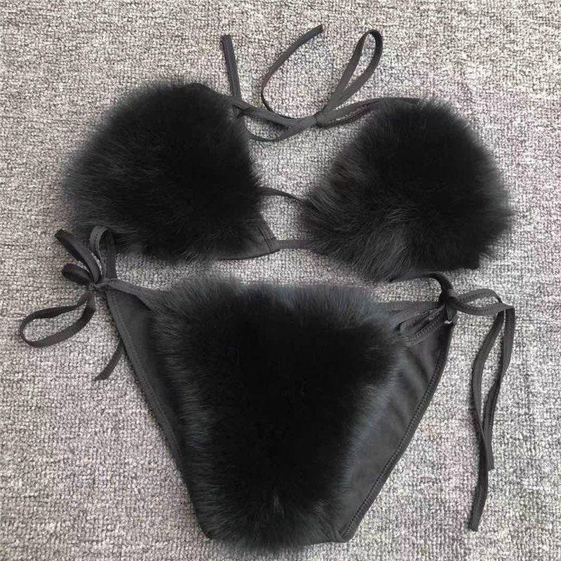 Women Fake Fox Fur Two Piece Swimsuits New Solid Bra Underwear Split Triangle Sexy Bikini Set Faux Fur Swimsuit Plush Swimwear