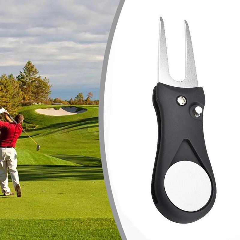 Golf Divot Repair Stainless Steel Fork Tool, Professional Golf Pitch Groove Cleaner with Switch Button & Mark, Golf Accessories