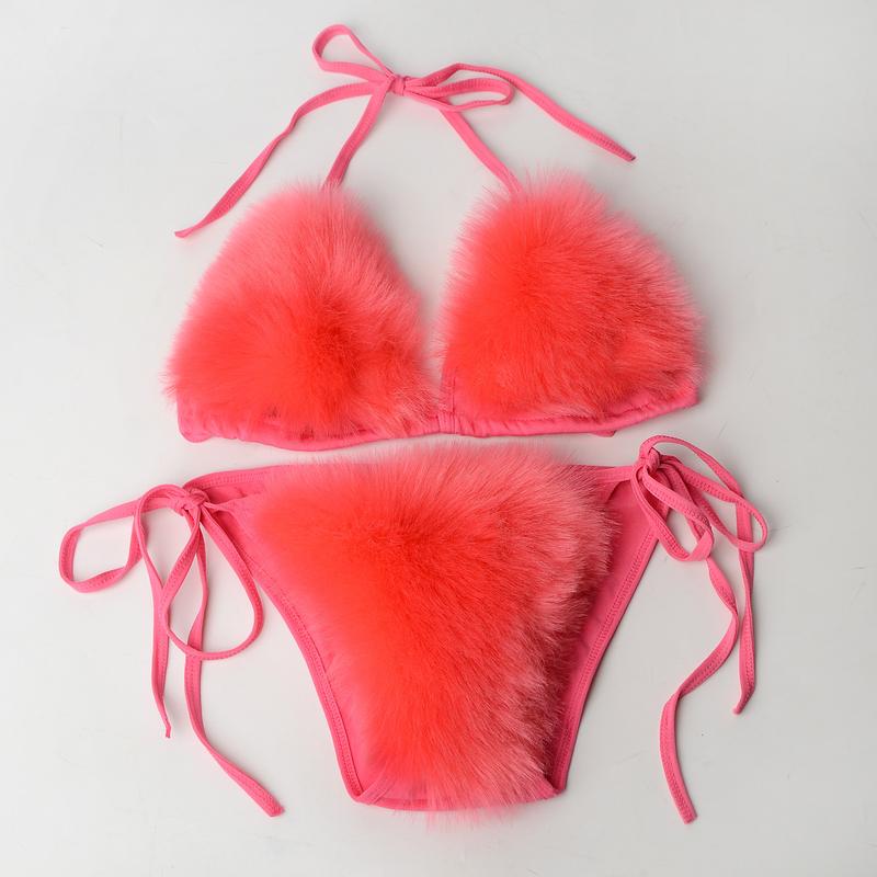 Women Fake Fox Fur Two Piece Swimsuits New Solid Bra Underwear Split Triangle Sexy Bikini Set Faux Fur Swimsuit Plush Swimwear