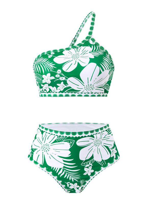 Three-Piece Set Women's Summer Holiday Floral Print Contrast Lace Three-Piece Swimsuit Set, Beach Holiday Swimwear Set for Women, Boho Style Swimwear