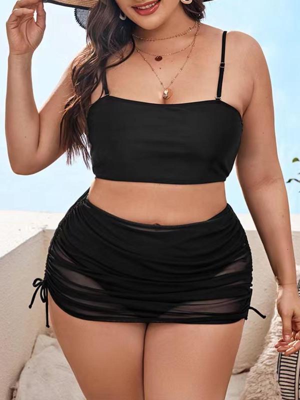 Women's Plus Size Solid Adjustable Strap Swim Top & Panty & Sheer Drawstring Ruched Skirt Bikinis, Fashion Casual Swimwear Set for Summer 2024, Bathing Suits 2024