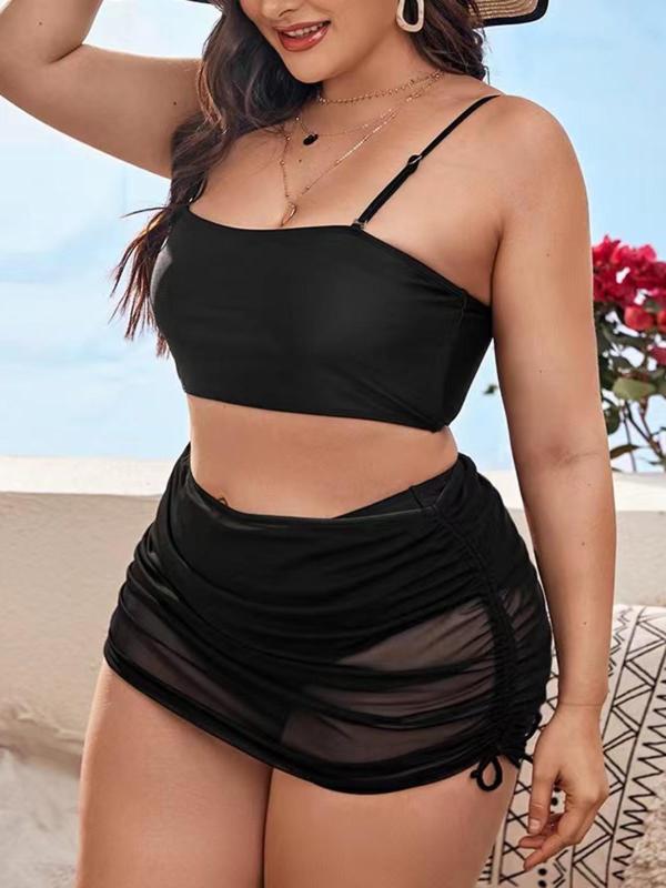 Women's Plus Size Solid Adjustable Strap Swim Top & Panty & Sheer Drawstring Ruched Skirt Bikinis, Fashion Casual Swimwear Set for Summer 2024, Bathing Suits 2024