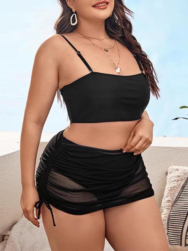 Women's Plus Size Solid Adjustable Strap Swim Top & Panty & Sheer Drawstring Ruched Skirt Bikinis, Fashion Casual Swimwear Set for Summer 2024, Bathing Suits 2024