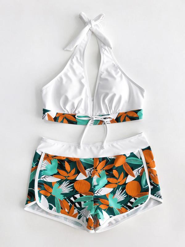 2 Pieces Women's Tropical Print Halter Knot Front Wireless Swim Bra & High Waist Shorts Bikini Set, Summer Outfits, Bathing Suits 2024 for Women Tummy Control Swimwear, Contrast Binding Swimsuit for Beach Holiday Back To School, Minimalistic Outfit