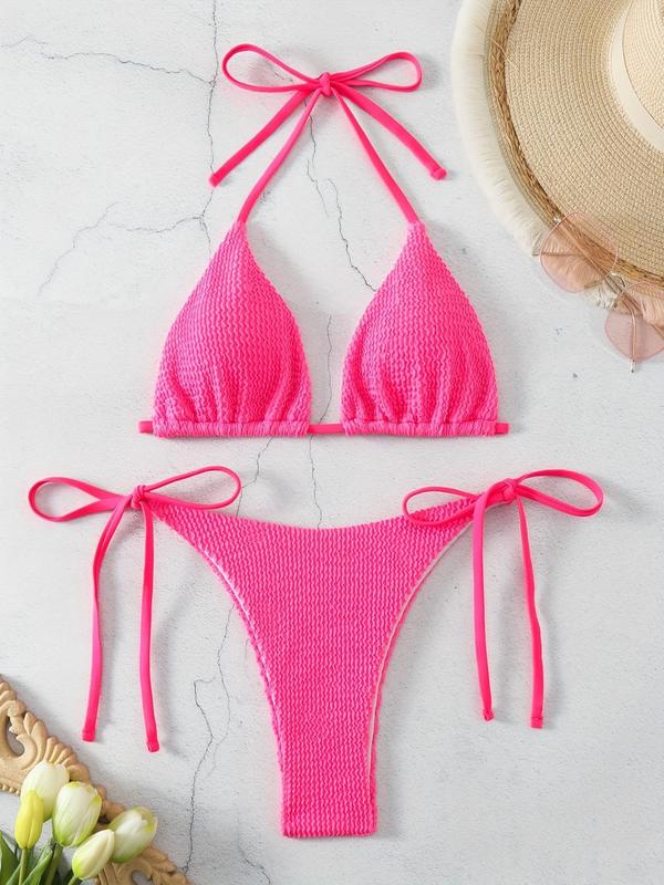 Women's 2pcs Plain Textured Tie Backless Bikini Set, Casual Halter Neck Triangle Swim Bra & Tie Side Swim Bottom, Ladies Summer Swimwear for Beach Holiday Vacation