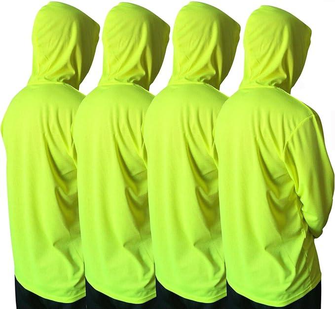 4 SHIRT PACK Hi Vis Long Sleeve Safety Shirt With Hoodie, Quick Dry Polyester Birdeye mesh   Ultra lightweight hoodie shirt Reflective Thin Pullover Long sleeves ( 4 SHIRTS PER ORDER)