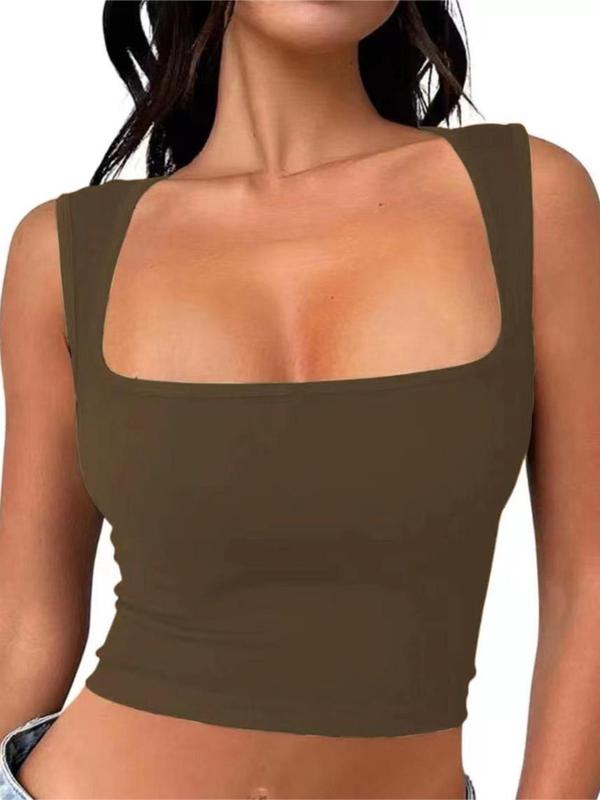 Women's Solid Square Neck Crop Sports Vest, Casual Breathable Sleeveless Sports Tank Top, Ladies Sportswear Clothing