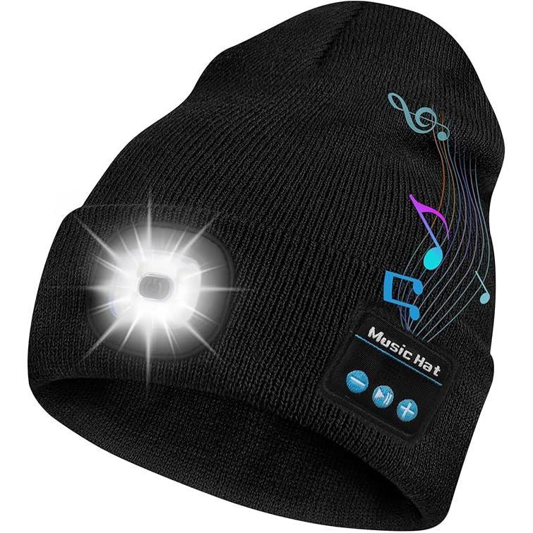 Acrylic Knit Beanie with USB Rechargeable Headlamp & Wireless Headphones,Elastic Lightweight Music Hat with Built-in Speaker Mic, Unisex Audio Cap for Outdoor Activities