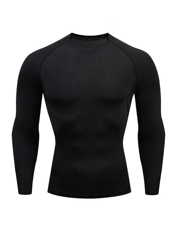 Men's Solid Round Neck Sports Tee, Tight Quick Drying Long Sleeve Crew Neck T-Shirt for Gym Workout Running, Casual Sporty Top for Spring & Fall