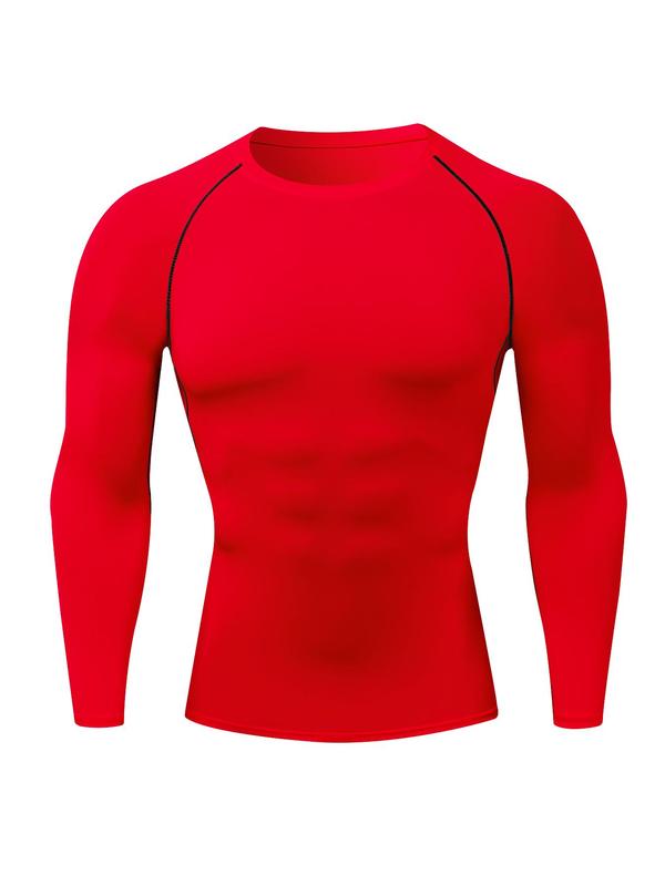 Men's Solid Round Neck Sports Tee, Tight Quick Drying Long Sleeve Crew Neck T-Shirt for Gym Workout Running, Casual Sporty Top for Spring & Fall