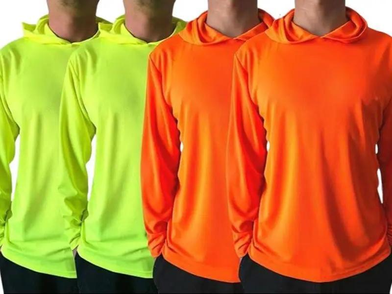 4 SHIRT PACK Hi Vis Long Sleeve Safety Shirt With Hoodie, Quick Dry Polyester Birdeye mesh   Ultra lightweight hoodie shirt Reflective Thin Pullover Long sleeves ( 4 SHIRTS PER ORDER)