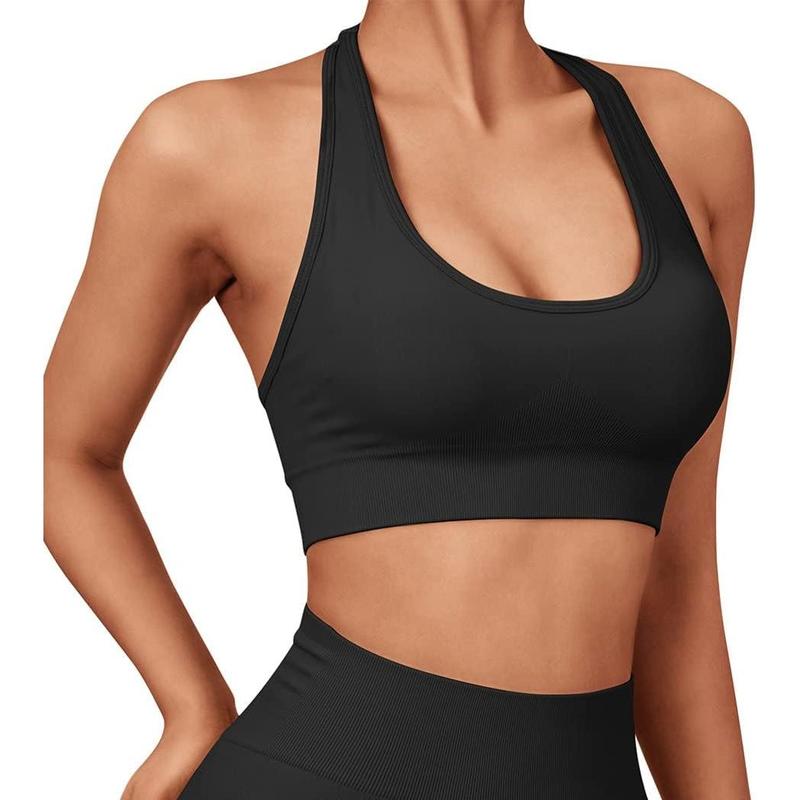 Women Seamless Halter Sports Bra Open Back Padded Workout Crop Tank Tops