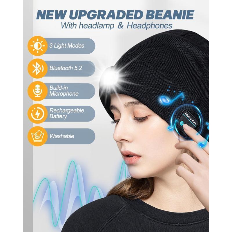 Bluetooth Beanie with LED Headlight and Removable Speakers, USB Rechargeable Knit warm winter Hat balaclava Hat for Music and Calling, sport,outdoor,Perfect for Christmas, Birthday, New year Gfit Year Gift