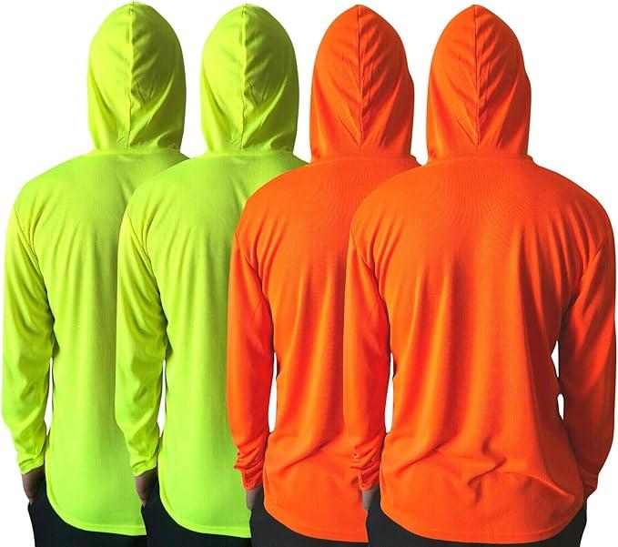 4 SHIRT PACK Hi Vis Long Sleeve Safety Shirt With Hoodie, Quick Dry Polyester Birdeye mesh   Ultra lightweight hoodie shirt Reflective Thin Pullover Long sleeves ( 4 SHIRTS PER ORDER)