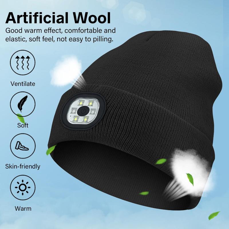 Acrylic Knit Beanie with USB Rechargeable Headlamp & Wireless Headphones,Elastic Lightweight Music Hat with Built-in Speaker Mic, Unisex Audio Cap for Outdoor Activities