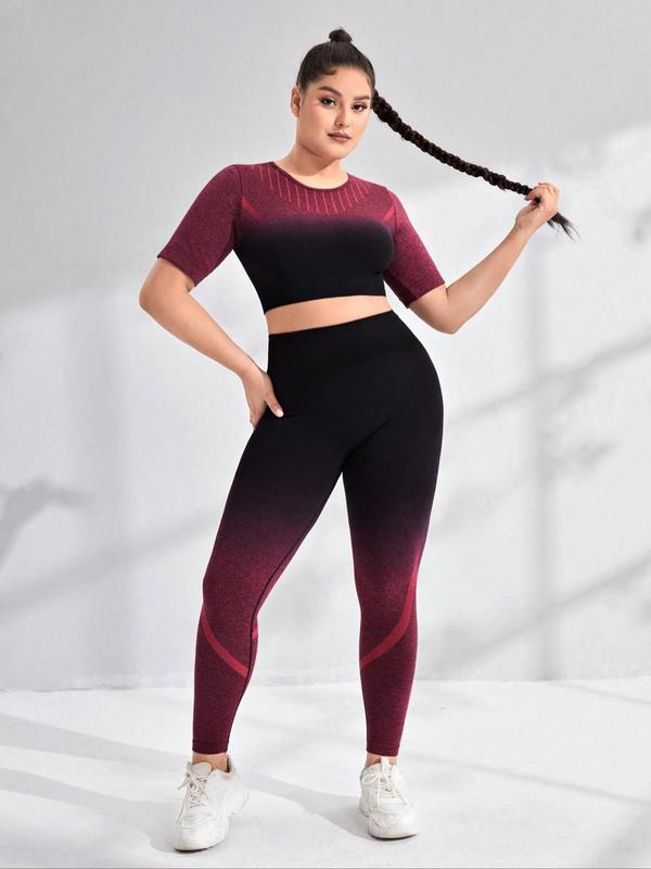 Women's Plus Size Ombre Print Tracksuit Set, Sporty Short Sleeve T-shirt & High Waist Skinny Pants Two-piece Outfits, Women's Plus Size Sportswear