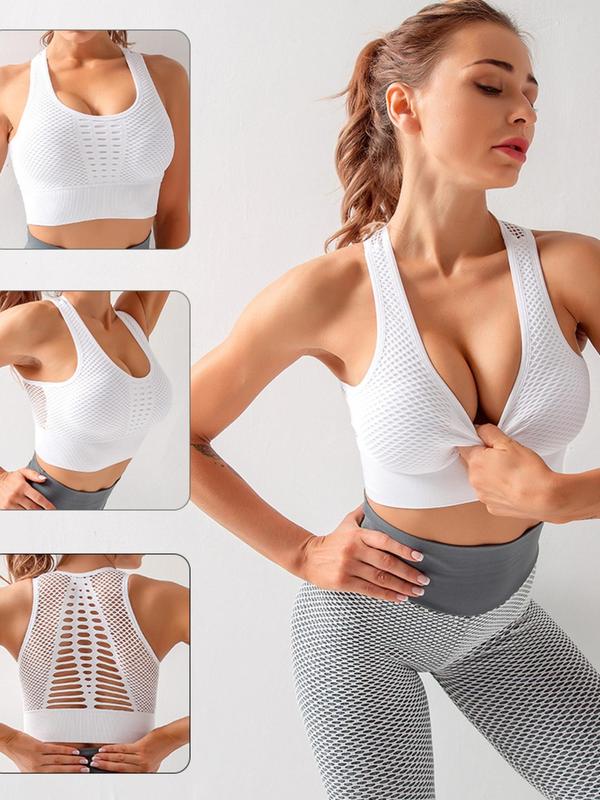 Women's 3pcs Plain Cut Out Sheer Sports Vest with Removable Pads Design, Breathable Comfortable Scoop Neck Sports Top for Yoga Running, Ladies Sportswear for All Seasons