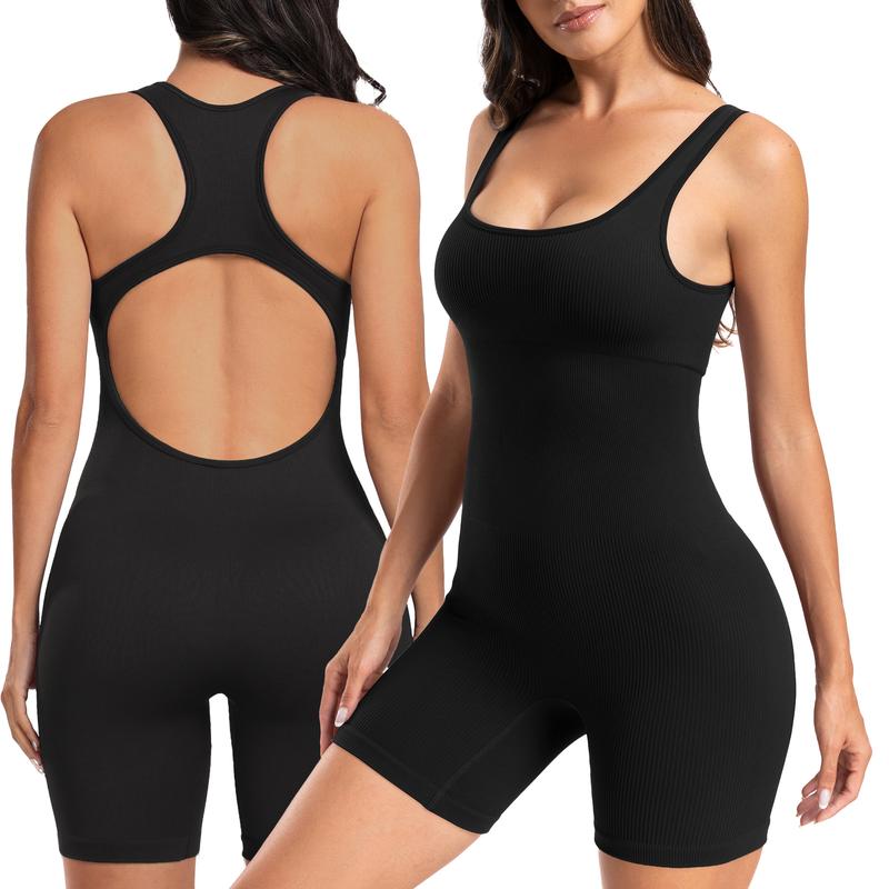 Women Backless U Back Jumpsuits Sleeveless Scoop Neck Bodycon Romper Workout Bodysuits Yoga Jumpsuits