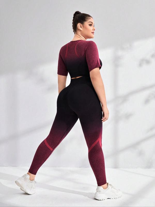 Women's Plus Size Ombre Print Tracksuit Set, Sporty Short Sleeve T-shirt & High Waist Skinny Pants Two-piece Outfits, Women's Plus Size Sportswear