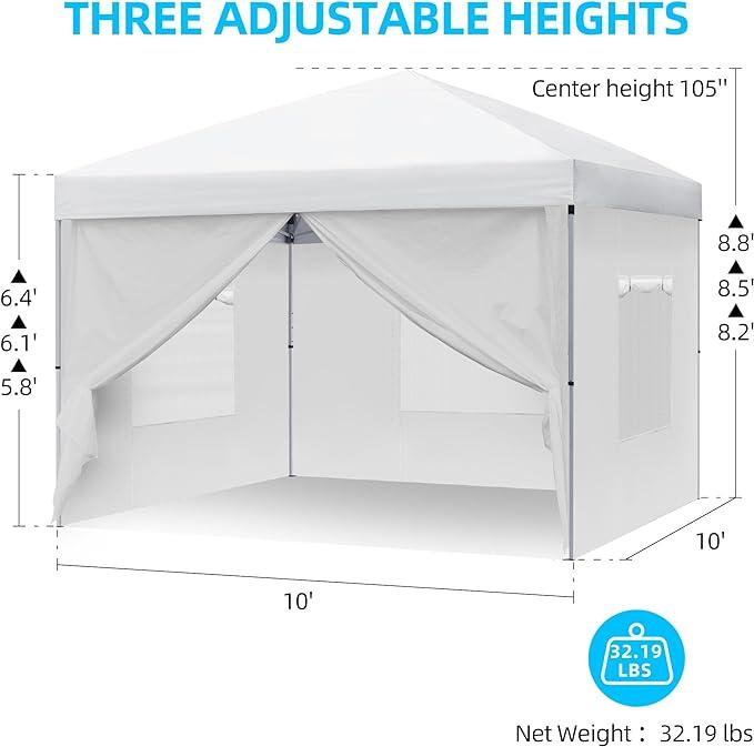 YITAHOME 10x10 Pop Up Canopy Tent with 4 Removable Sidewalls, Easy Set-Up Outdoor Canopy with 3 Mesh Windows, 4 Ropes & 8 Stakes and 1 Carry Bag for Patio, Party, Exhibition, Picnic, Market（White）