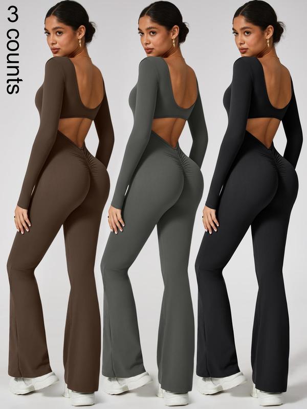 Women's Solid Cut Out Backless Ruched Sports Jumpsuit, Sporty Long Sleeve Scoop Neck Jumpsuit for Yoga Gym Workout, Ladies Sportswear for All Seasons 90S Clothes, 90s Clothes