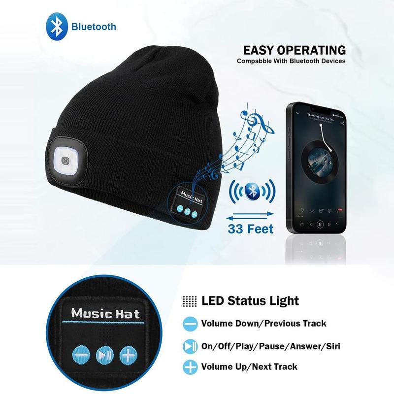 Acrylic Knit Beanie with USB Rechargeable Headlamp & Wireless Headphones,Elastic Lightweight Music Hat with Built-in Speaker Mic, Unisex Audio Cap for Outdoor Activities