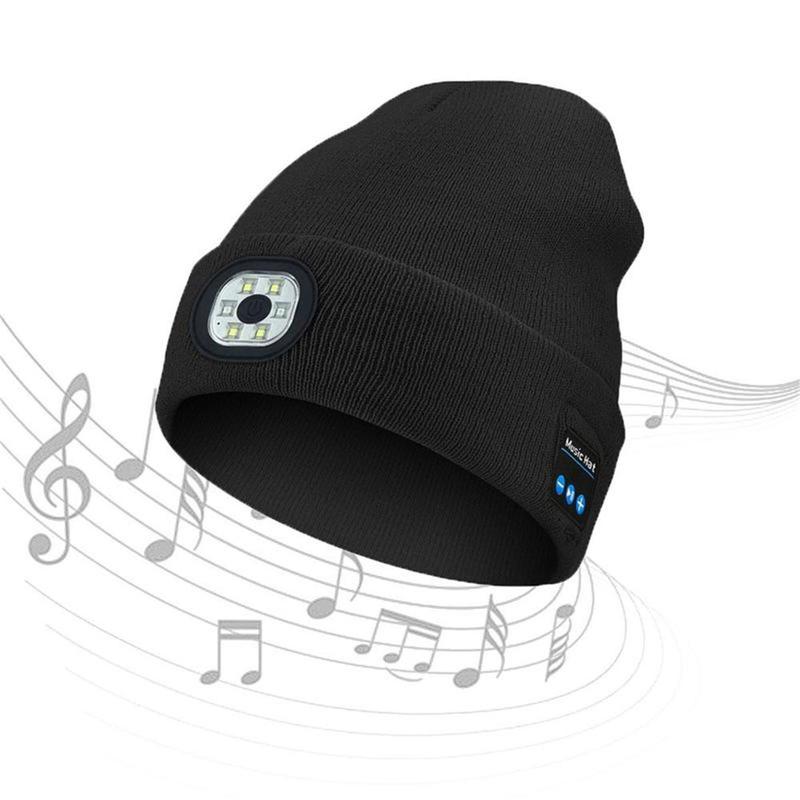 Acrylic Knit Beanie with USB Rechargeable Headlamp & Wireless Headphones,Elastic Lightweight Music Hat with Built-in Speaker Mic, Unisex Audio Cap for Outdoor Activities