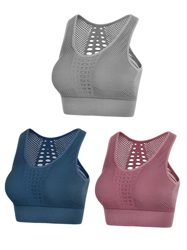 Women's 3pcs Plain Cut Out Sheer Sports Vest with Removable Pads Design, Breathable Comfortable Scoop Neck Sports Top for Yoga Running, Ladies Sportswear for All Seasons