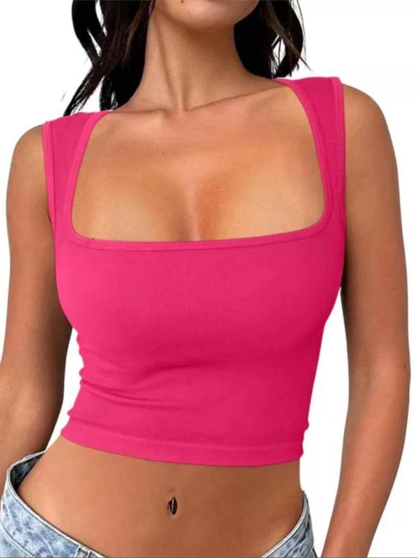 Women's Solid Square Neck Crop Sports Vest, Casual Breathable Sleeveless Sports Tank Top, Ladies Sportswear Clothing