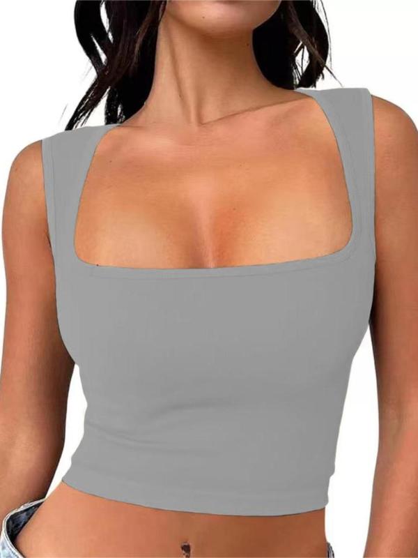 Women's Solid Square Neck Crop Sports Vest, Casual Breathable Sleeveless Sports Tank Top, Ladies Sportswear Clothing