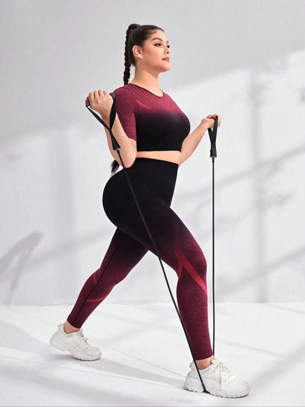 Women's Plus Size Ombre Print Tracksuit Set, Sporty Short Sleeve T-shirt & High Waist Skinny Pants Two-piece Outfits, Women's Plus Size Sportswear